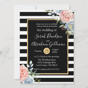 Black and White Stripes Flowers Roses Wedding  Invitation
