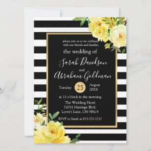 Black and White Stripes Flowers Roses Wedding Invitation