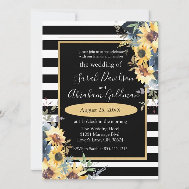 Black and White Stripes Flowers Sunflowers Wedding Invitation (Front)