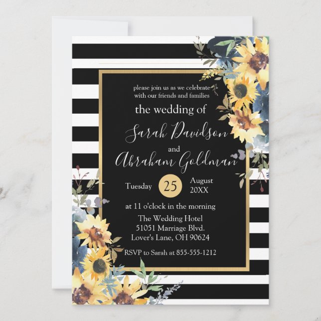 Black and White Stripes Flowers Sunflowers Wedding Invitation (Front)