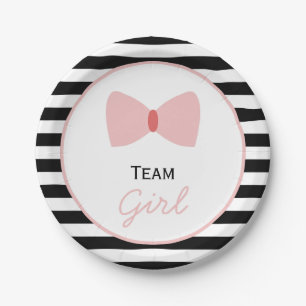 Black and white Stripes Gender Reveal Bow Paper Plate