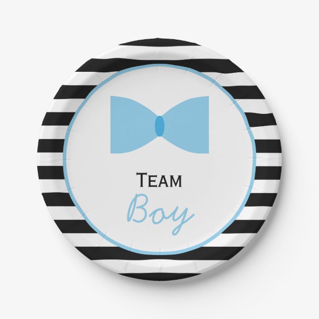 Black and white Stripes Gender Reveal  Bow Tie Paper Plate (Front)