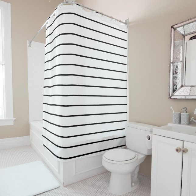 Black and White Stripes Geometric Pattern Shower Curtain (In Situ)