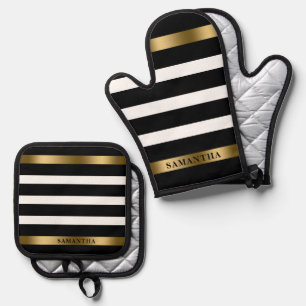 Black and white Stripes Gold Acdent Oven Mitt & Pot Holder Set