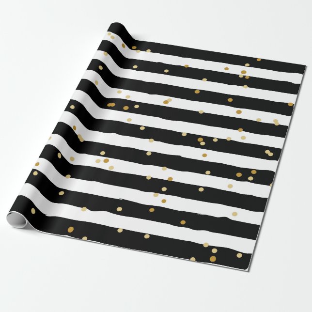 Black and white stripes gold dots pattern wrapping paper (Unrolled)
