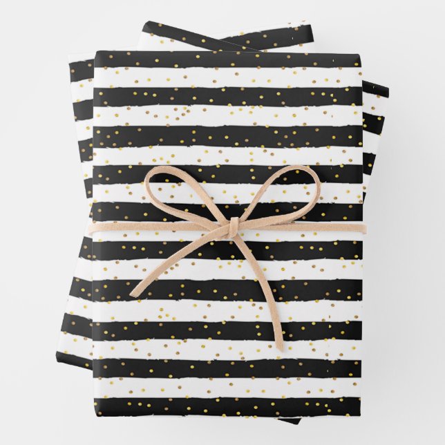 Black and White Stripes Gold Dots Wrapping Paper Sheet (In situ)