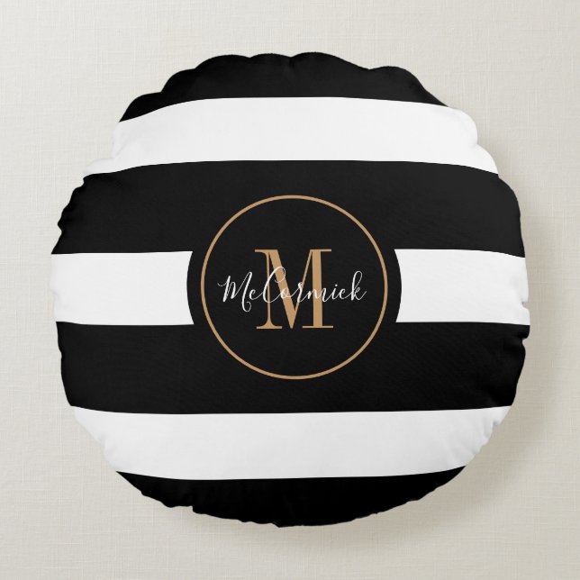 Black And White Stripes Gold Family Monogrammed Round Cushion (Front)