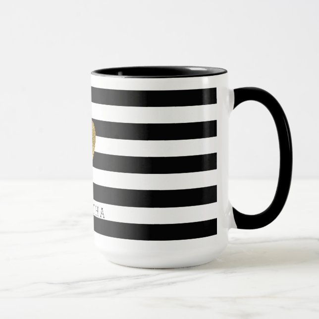 Black and White Stripes Gold Heart Mug (Right)