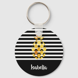 Black and white stripes gold pineapple with name key ring