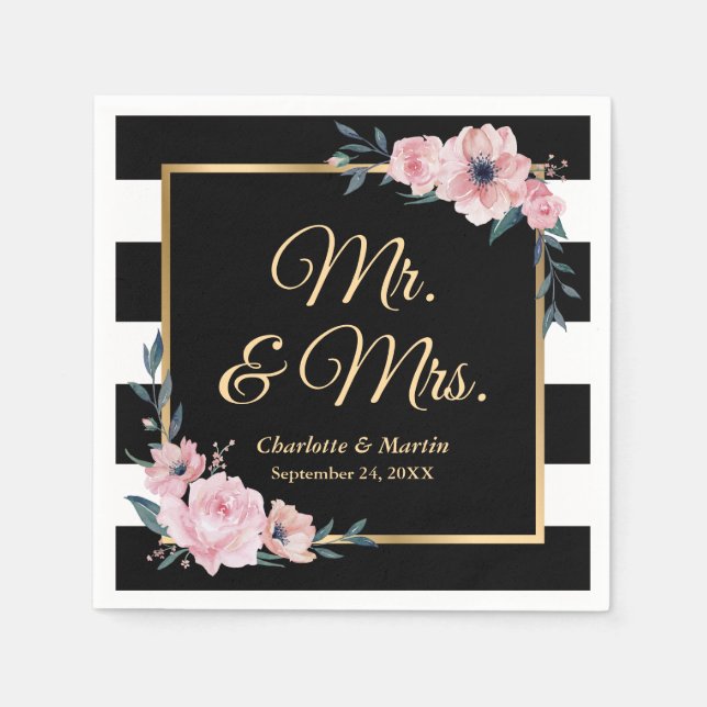 Black and White Stripes Gold Pink Floral Wedding Napkin (Front)