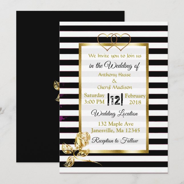 Black and White Stripes Gold Wedding Invitations (Front/Back)