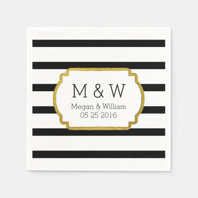 Black and White Stripes Gold Wedding Napkins (Front)