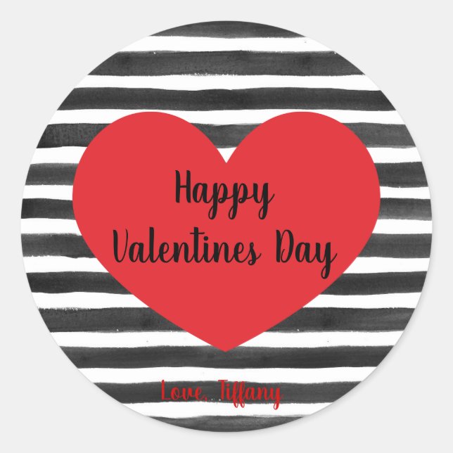 Black and white stripes Happy Valentines Day Classic Round Sticker (Front)