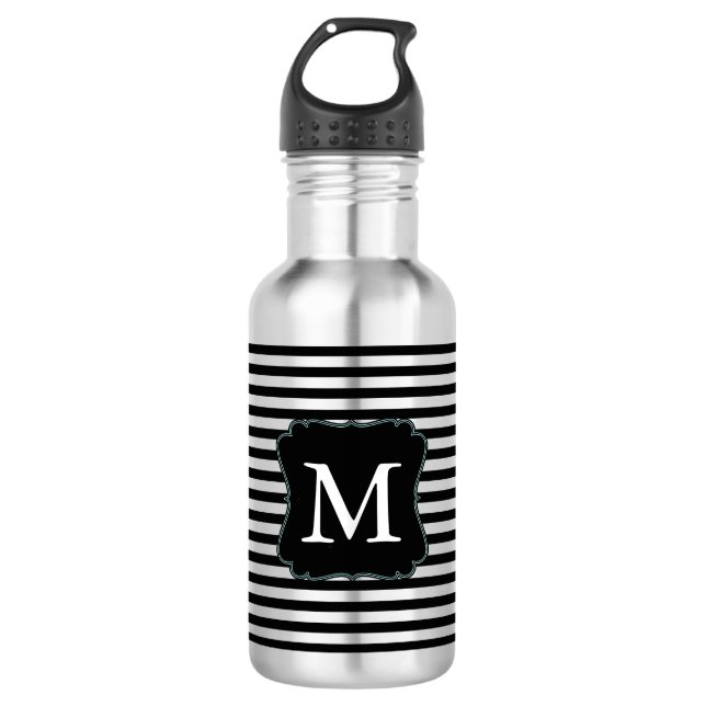 Black and White Stripes Monogram 532 Ml Water Bottle (Front)
