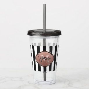 Black and White Stripes Monogram Acrylic Tumbler