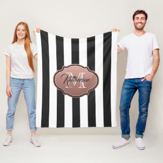 Black and White Stripes Monogram Fleece Blanket