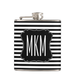 Black and White Stripes Monogram Hip Flask