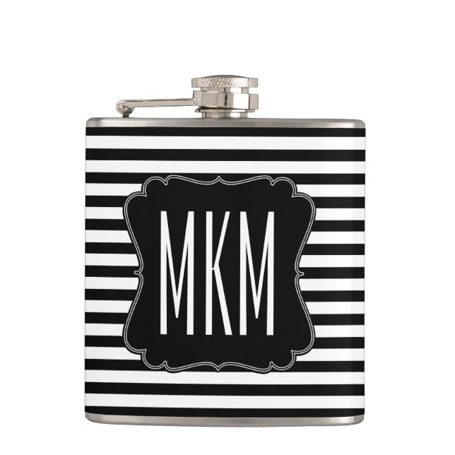 Black and White Stripes Monogram Hip Flask (Front)