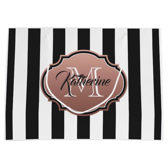 Black and White Stripes Monogram Large Gift Bag (Front)