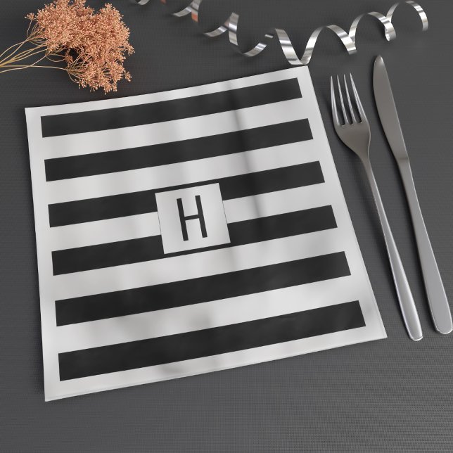 Black and White Stripes Monogram Paper Napkins (Creator Uploaded)