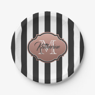Black and White Stripes Monogram Paper Plate