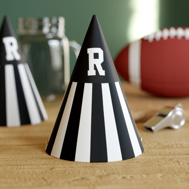 Black and White Stripes Monogram Referee Party Hat (Hup! Add your initial to this black & white referee stripe party hat! Perfect for sports parties)
