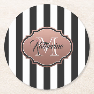 Black and White Stripes Monogram Round Paper Coaster
