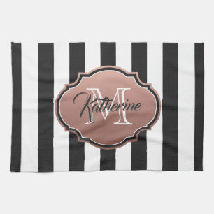 Black and White Stripes Monogram Tea Towel