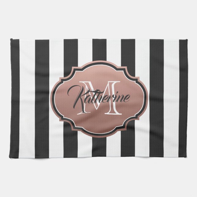 Black and White Stripes Monogram Tea Towel (Horizontal)