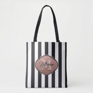 Black and White Stripes Monogram Tote Bag