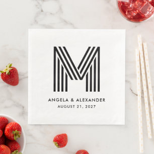 Black and White Stripes Monogram Wedding Napkin
