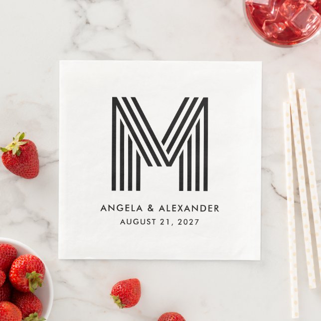 Black and White Stripes Monogram Wedding Napkin (Insitu)