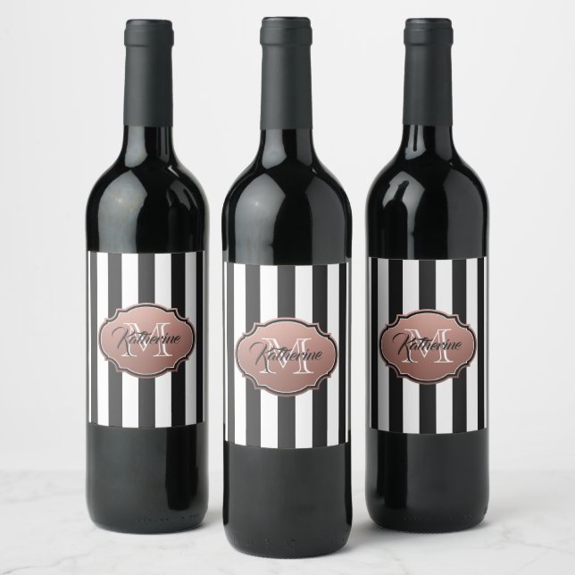 Black and White Stripes Monogram Wine Label (Bottles)