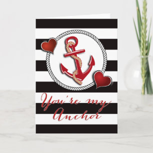 Black and White Stripes Nautical Anchor Valentine Holiday Card