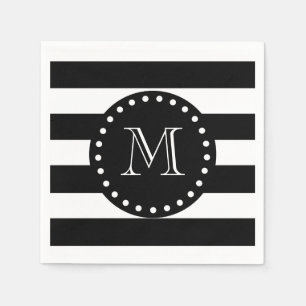 Black and White Stripes Pattern, Black Monogram Napkin