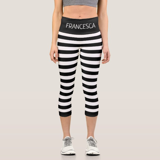 Black and White Stripes Pattern Custom Capri Leggings (Front)