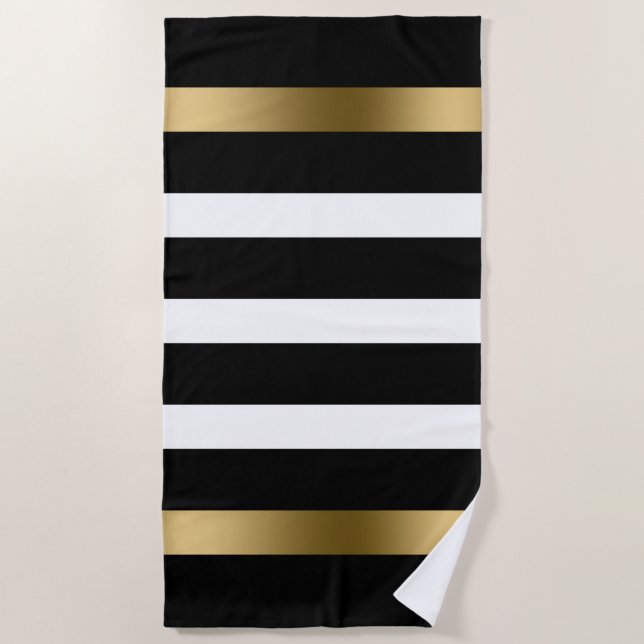 Black and white stripes pattern gold accents beach towel (Front)