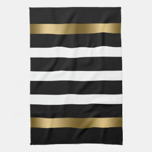 Black and white stripes pattern gold accents tea towel