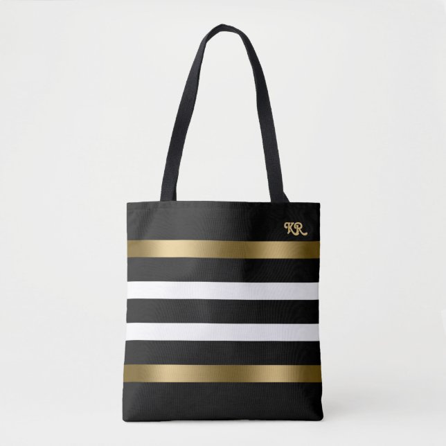 Black and white stripes pattern gold accents tote bag (Front)