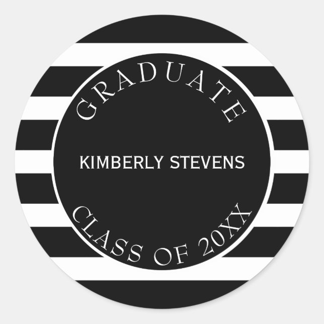 Black And White Stripes Pattern- Graduate Classic Round Sticker (Front)