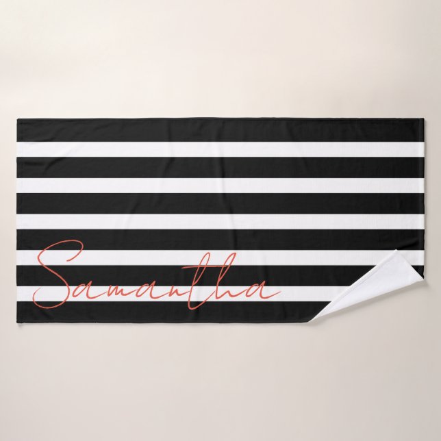 Black and white stripes pattern Monogram Bath Towel Set (Bath Towel)