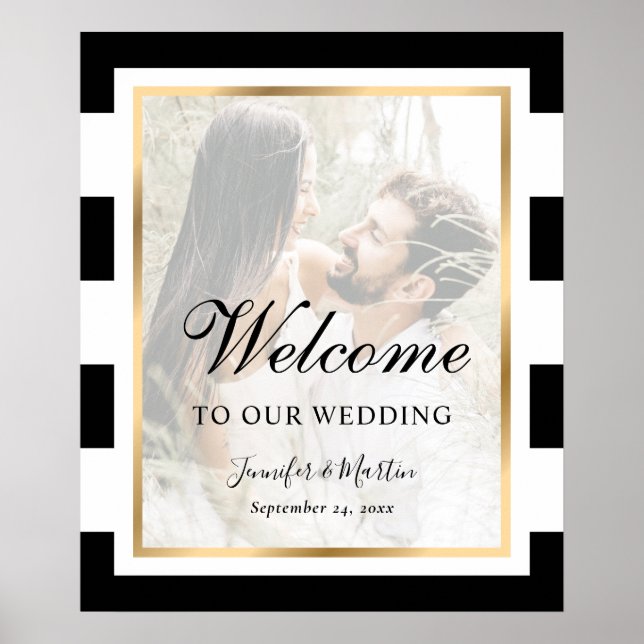 Black and White Stripes Photo Wedding Welcome Sign (Front)