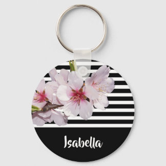 Black and white stripes pink cherry flowers name key ring