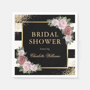 Black and White Stripes Pink Floral Bridal Shower Napkin
