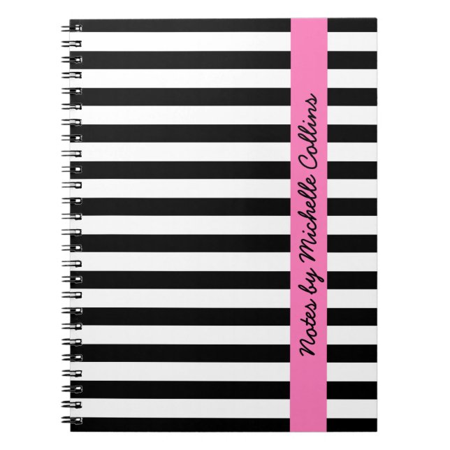 Black and white stripes pink personalised name notebook (Front)