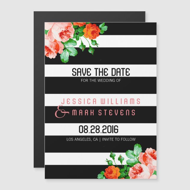 Black And White Stripes & Pink Roses Accent Magnetic Invitation (Front/Back)
