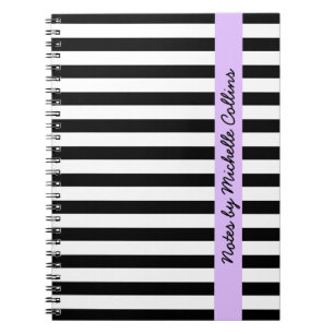 Black and white stripes purple personalised name notebook