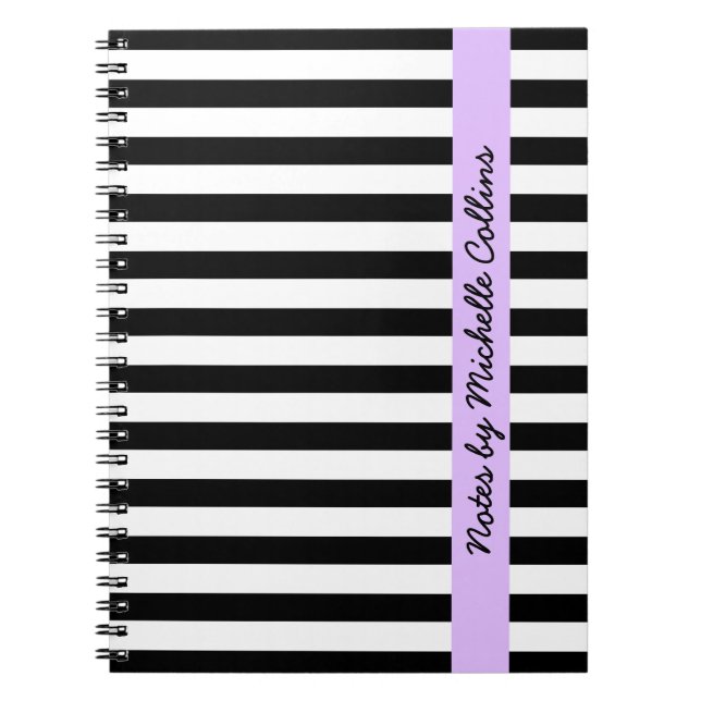 Black and white stripes purple personalised name notebook (Front)