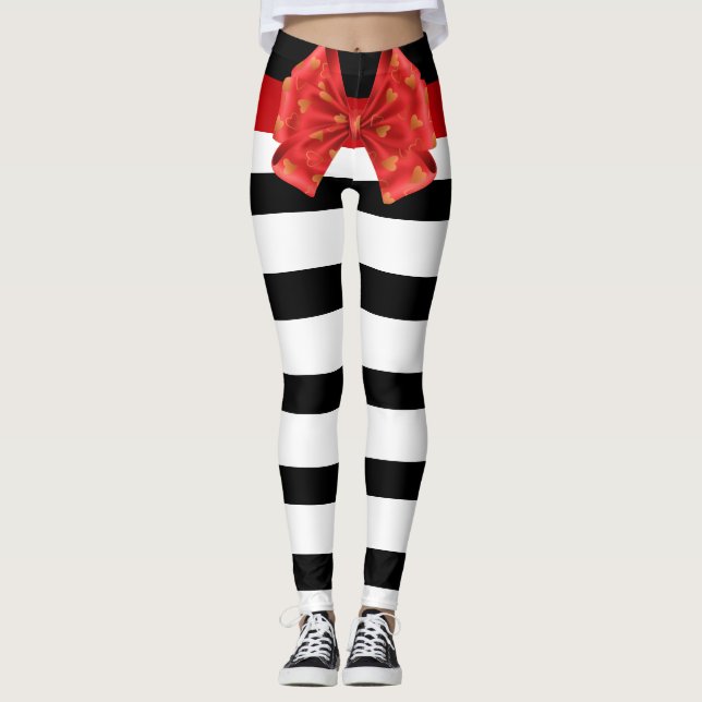 Black and White Stripes Red Bow Leggings (Front)