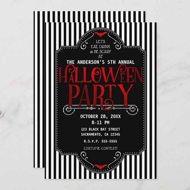 Black And White Stripes Red Gothic Halloween Party Invitation (Front/Back)